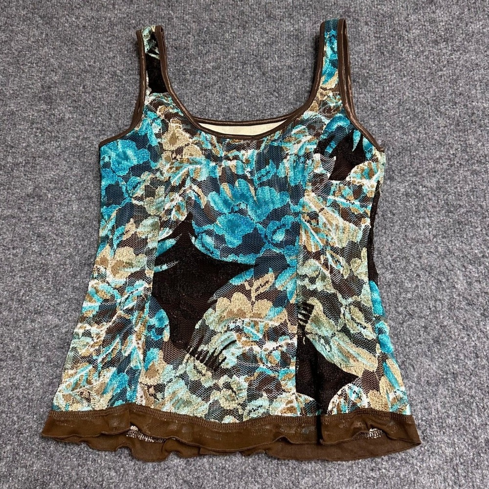 j.t.b. Tank Top Womens Size Petite Brown Turquoise Floral Mesh Lettuce Hem Y2K